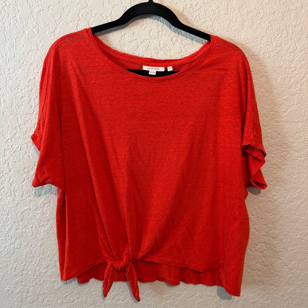 Chico's Front Tie Linen Top Size 2 L Orange Red Summer Coastal Boho Short Sleeve